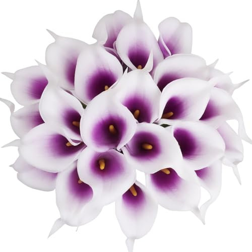 FANCYEASY Künstliche Calla-Lilien-Blumen, Latex, fühlen sich echt an, einzelne Stiele, Calla-Lilienstrauß für Hochzeit, Braut, Corsage, violette Blumen für Tafelaufsätze, Party, Heimdekoration