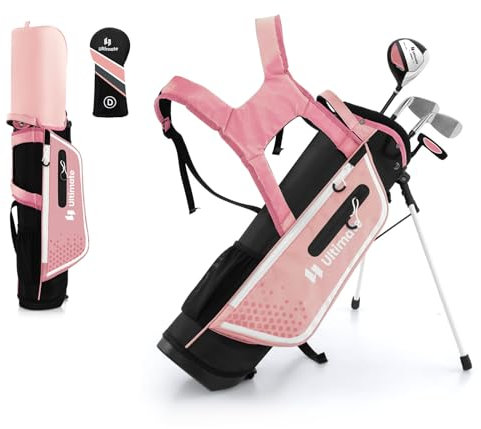 LIFEZEAL Komplettes Golfschläger-Set für Kinder, Golftasche mit 4 Golfschlägern, Tragbares Golfbag mit Stauraum, Trolleybag Junior mit Schultergurten, Ideal für Jungen & Mädchen von 8-10 Jahren (Rosa)