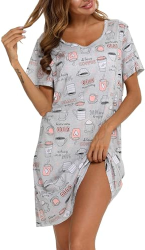 Mialucce Ropa de dormir de manga corta para mujer, camisones y camisones de algodón con estampado de camisón, ropa de dormir de verano, Café gris, XXL