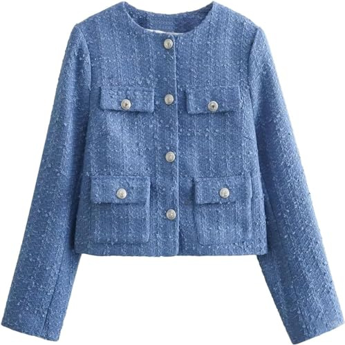 Goolecrimp Blazer da Donna Giacca in Tweed Business Casual Work Office Dinner Tweed Blazer Manica Lunga Girocollo Button Trend Blazer (Blu,L)