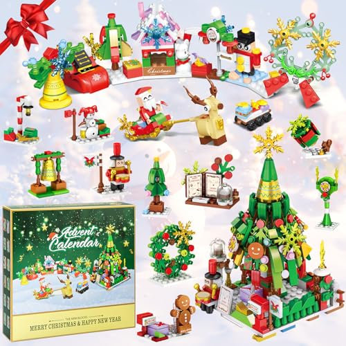 Adventskalender 2024 Weihnachten Bauklötze, MOMSIV Kinder Weihnachtskalender 24 Tage Geschenk, Weihnachtsbaum Countdown Kalender Blind Box Bauklötze Dekorationen Geschenk für Jungen Mädchen