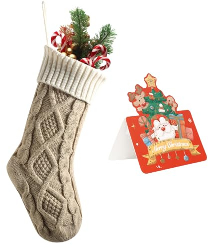 meioro Weihnachtsstrümpfe, 46cm Großes Kabel Gestrickte Weihnachtssocke, Farbe-Kontrast Weihnachten Strumpf Deko für Kamin Family Holiday Party Festival Dekorationen mit Grußkarte (Khaki, 1 Pcs)