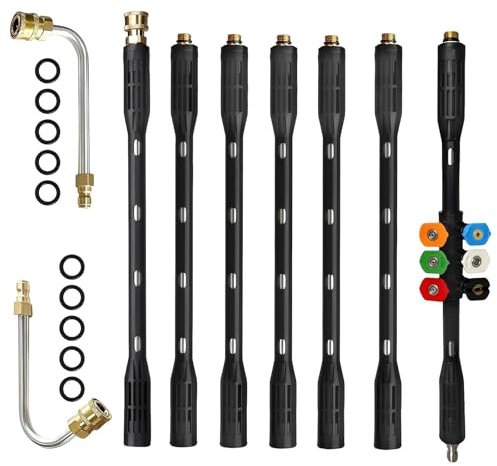 High Pressure Washer Extension Wand, Pressure Washer Accessories with 6 Nozzle Tips, Gutter Cleaning Tools Extension Lance, 1/4 Quick Connect, Gutter Cleaner Attachment Curved Rod