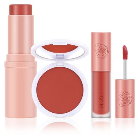 Boobeen 3 Pcs Blush Kit, Blush Pulver erröten Stick und Flüssigkeit erröten, leichte lang anhaltende Multi-Use-Creme erröten Gesicht Make-up mischbar, matt und taufrischen Finish