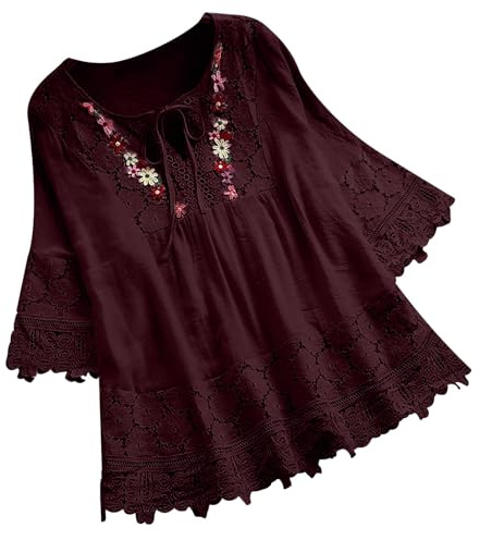 ZTFYKLIN Chemisier Femme Coton et Lin Tunique Chic et Élégant Col en V Blouse Bohème Manches 3/4 Shirt Femmes Grande Taille Casual Chemise Vintage Laçage Blouses Dentelle Confortable Respirant