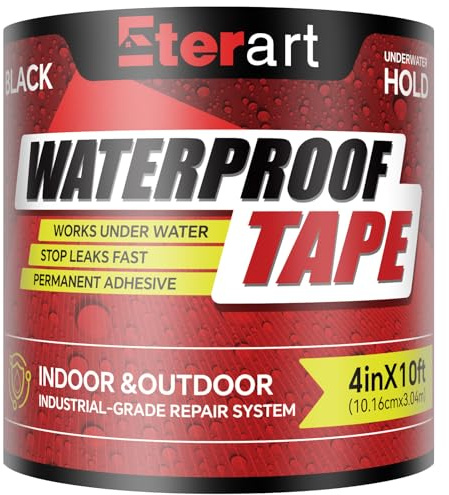 ETERART Waterproof Tape 4 Inch x 10 FT, Seal Tape Black - Heavy Duty Leak Repair for Roof, Pipe, Boat, Hose & Outdoor Emergency Fix - Permanent Weather Resistant Seal