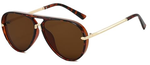 YAMEIZE Oversized 70s Pilot Sunglasses for Women Men Retro Double Bridge Round Vintage Large Big Frame Punk Sun Glasses UV400 (Leopard Brown)
