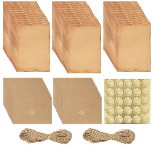 Set med 87 ark vintage brevpapper med kuvert, set med vintage brev med 40 reta A5-ark, 20 kuvert, 25 klistermärken och 2 juteband på 5 m, för skattbrev, kärleksbrev, bröllop