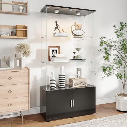 Vetrina in vetro con LED,Armadio vetrine per collezione trasparente, mobile vetrina in vetro con 2 ante a serratura e 4 ripiani vetrina soggiorno bar (nero, 4 ripiani con 4 porte a LED)