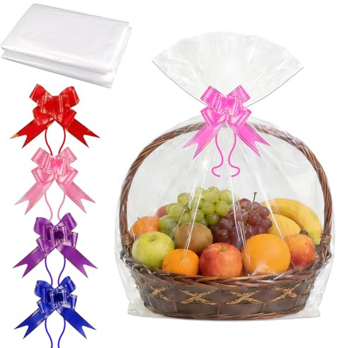 5 Pezzi Sacchetti Di Cellophane Grandi, 60 x 75cm Grande Pellicola Regalo In Cellophane Trasparente con 5 Fiocchi, Carta Trasparente Per Confezioni Per Regali, Cestini, Fiori, Artigianato, Dolcetti