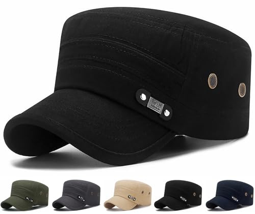 Initlove Cadet Army Cap for Men Unisex Military Flat Top Hat A Black