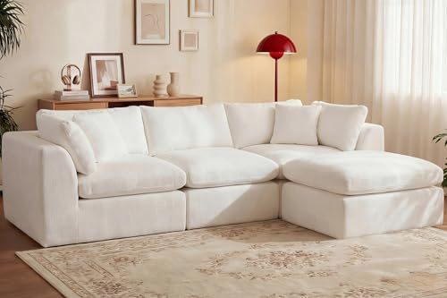 110'' Oversized Cloud Sectional Boneless Couch for Living Room, Modern Big Compressed L Shape Couch with Ottoman & 2 Throw Pillows, Comfy Chenille Deep Seat Memory Foam Spineless 4 Seater Sofa,Beige