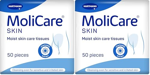MoliCare Skin Moist Skin Care Tissues, 50 Wet Wipes for Everyday Use and Intimate Cleansing and Incontinence, Click-Seal Pack (Pack of 2)