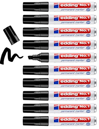 edding No 1 Permanentmarker - schwarz - 10 Stifte - Keilspitze 1-5 mm - wasserfest, wischfest, schnell-trocknend - Multimarker im Taschenformat - für Karton, Kunststoff, Holz, Metall, Glas