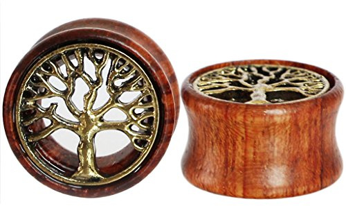 Oasis Plus Tree of Life Organic Wood Flesh Tunnels Double Flared Ear Stretcher Saddle Plugs Gauge 8mm 0g