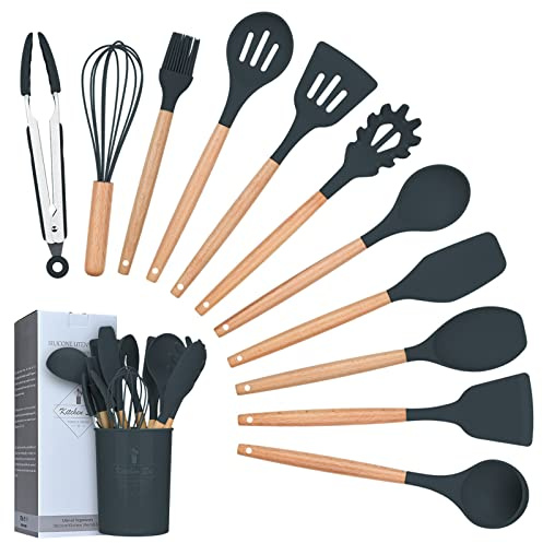 Lychee Kitchen Utensil Set Silicone Cooking Utensils - 12 Pieces Cooking Spatula Turner Heat Resistant Tools with Wooden Handle for Nonstick Non Scratch Cookware Kitchen Gadgets Set (Dark Grey)