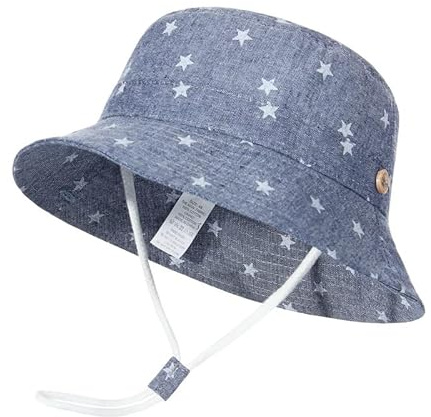 GEMVIE Niños Sombrero Pescador de Bebé Sol Protección Algódon Unisexo Gorro Ajustable Plegable Estapado Estrella Verano UV Hat Niña (Azul Oscuro, 3-6meses)