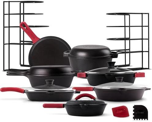 Cuisinel Cast Iron 24-Pc Cookware Set - 8 Skillet + Cast Iron Lid + 12+Lid + 10 Braiser with Lid + Grill Pan + Lid + Griddle + 5-Qt Dutch Oven + Multi-Cooker + 12+15 Pan Rack + Scraper + Handles