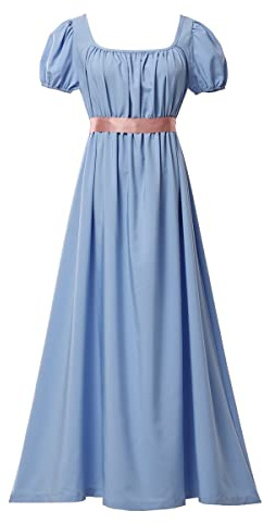 COSDREAMER Abito da Donna Regency Abito Medievale Vittoriano retrò a Vita Alta con Maniche a Nastro Azzurro, L