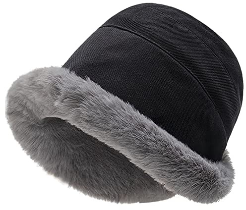 Anopo Mujeres Invierno Esponjoso Cálido Gorro de Pescador con Forro Polar de Cordero Peluche Piel Sintética Sombrero de Cubo Algodón Grosor Protección contra Viento Sombreros Negro