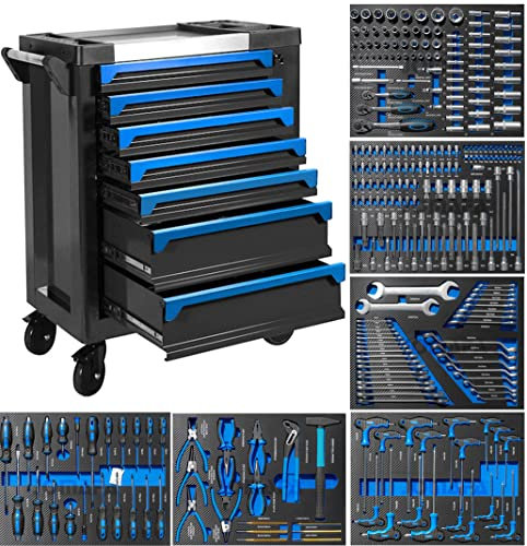 JOMAFA Carro de Herramientas 7 cajones con Puerta Lateral, con Herramientas 6 modulos EVA Azul