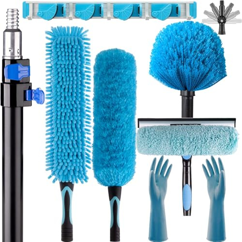 APMOLAR 20 Foot High Reach Ceiling Fan Duster with 5-12ft Heavy Duty Extension Pole, Microfiber Feather, Cobweb Duster, Window Squeegee Kit, Cleaning Gloves