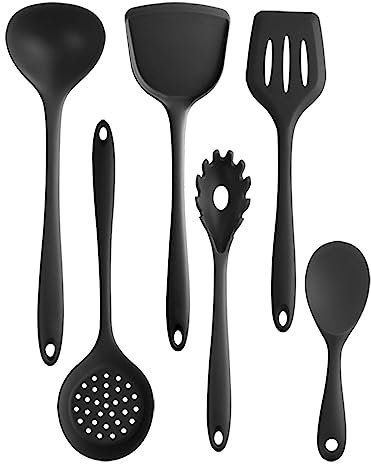 Juego de 6 piezas de suministros de cocina de goma de silicona (valla de pescado, cuchara de sopa, espátula, garra de polvo, espátula, cuchara de arroz), herramientas para hornear, color negro