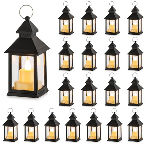 NUPTIO Kleine Laterne Halloween Deko - 20 Stück Mini Innen Laterne mit Flackernden LED Teelichter Kerzen Schwarz Hängend Vintage Marokkanische Weihnachten Tischdeko Hochzeit Wohnzimmer Orientalische