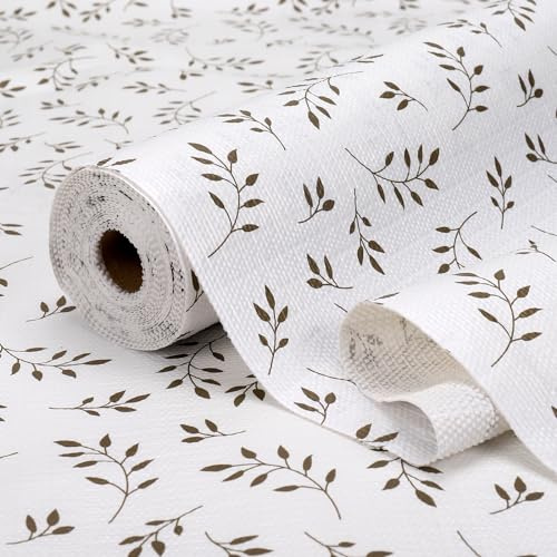 CLENAT Shelf and Drawer Liner for Cabinets, Non Adhesive Kitchen Cabinet Liner 12IN x 10FT, Non-Slip Thick Strong Grip Shelf Paper Cupboard Liners, Waterproof Mats for Dresser, Pantry, White Leaves
