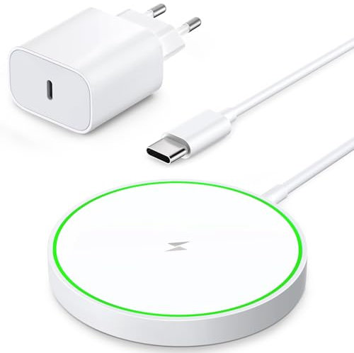 AMSKY Magnétique Chargeur Induction pour iPhone, 15W Rapide Chargeur Compatible avec Magsafe Apple, Blanc Chargeur sans Fil pour iPhone et Airpods, Station de Charge pour Apple, avec PD 20W Prise