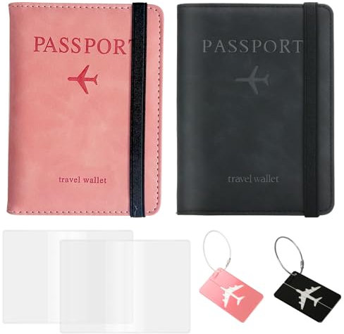 ZOCONE Reisepasshülle Kunstleder 2 Stück Passport Hülle Rosa Schwarz Passport Cover mit RFID-Blocker Passport Holder mit Transparent Reisepass Tasche Kofferanhänger Organizer für Passport Kreditkarten