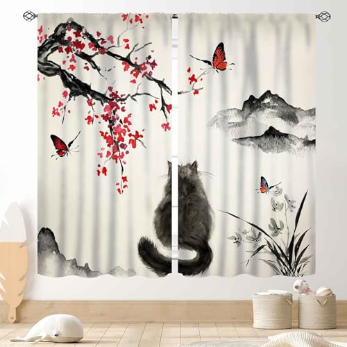 Japanese Curtains, Traditional Ink Painting Black Fluffy Cat Red Cherry Blossom Floral Branch Oriental Asian Style Nature Mountains Printed Drapes for Bedroom Living Room Bathroom Window, 42x63 Inch