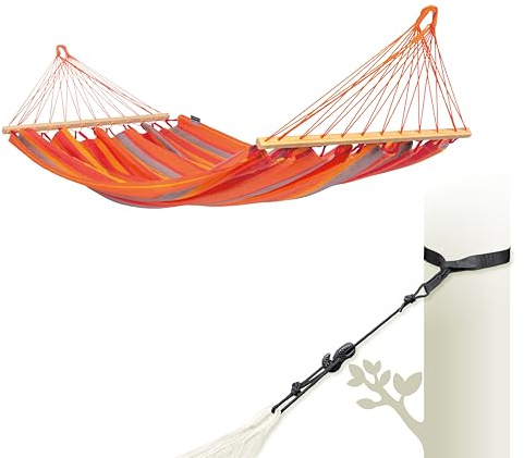 LA SIESTA® Alisio enkel hängmatta med stång och träd- och stolpfäste - otydlig utomhushängmatta, 1 persons hängmatta för balkong, belastning 120 kg - tucan