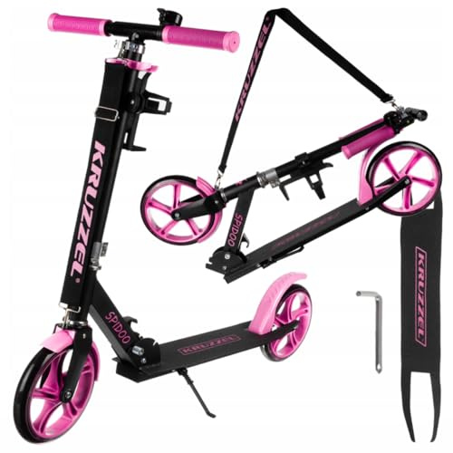 KRUZZEL Roller Kinder Klappbar ab 8 Jahren bis to 100 kg 200-mm-Räder - Höhenverstellbar Lenkrad 87–92–98 cm -Scooter Rosa mit Fußbremse und Flaschenhalter - Aluminiumrahmen 25628
