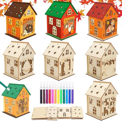 LUKIUP Lot de 7 Maison en Bois à Peindre sur le Thème, Kits de Loisirs Créatifs avec 12 stylos aquarelle, Bricolage Automne Enfant Artisanat set Automne Enfant, Bricolage Halloween