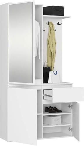 AKORD Garderoben-Set ENTRO Schwarz 95 cm - Kompaktgarderobe Schmaler Flur - 3 Türen, 1 Schublade - 7 Regalböden - Flurgarderoben Set Modern - Flur Möbel Set, Industrial Stil - Weiß