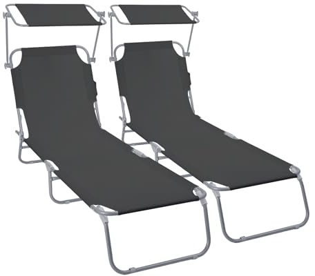 VOUNOT® Set di 2 Lettini Prendisole Pieghevole con Parasole, Sdraio da Spiaggia in Tessuto Poliestere Schienale Regolabile 4 Posizioni, Portata 120kg, per Giardino, Terrazza e Piscina, Nero