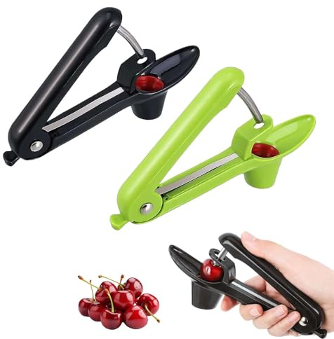 FMPXYYA Deshuesador de Cerezas Manual 2 Unidades, Herramientas quitahuesos de Acero Inoxidable y Silicona, Color Negro y Verde, utensilio de Cocina Seguro para Frutas