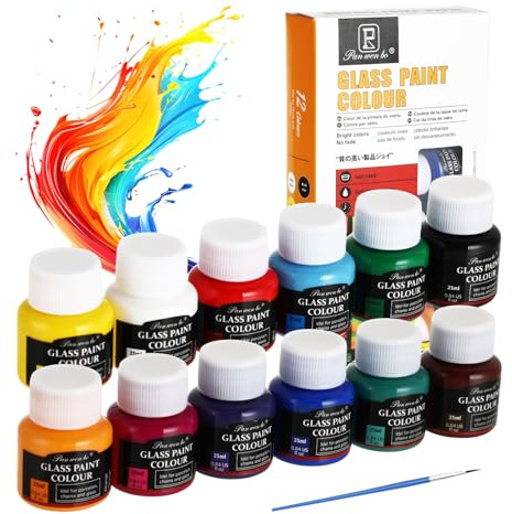 Kievano Colori per Ceramica & Porcellana 12×25 ml, Vernice per Vetro Permanente con Pennello, Set Pittura per Tazze e Vetro, Colori per Vetro e Ceramica