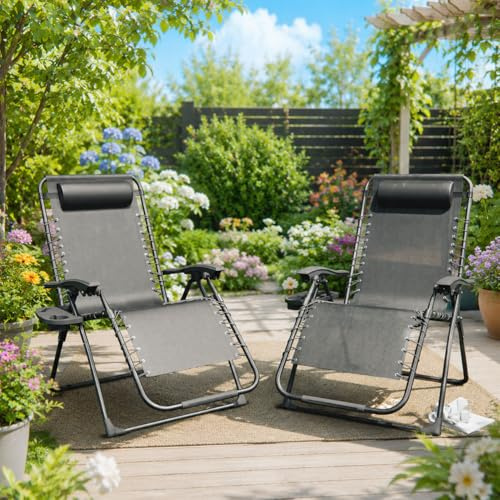 ALAULM Textilene Zero Gravity Chair Set of 2, 180kg Heavy Duty Folding Sun Lounger with Cup Holder, Reclining Garden Lounge Chair for Patio, Camping, Beach,Grey