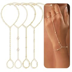 4 Pcs Gold Hand Chain Bracelets for Women, Dainty 14K Gold Plated Ring Bracelet Hand Chain, Stackable Beaded Cubic Zirconia Bracelet Stack Jewelry Gifts