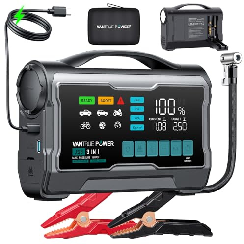 JS3 3250A Avviatore con Compressore d'Aria 160 PSI, Booster per Batteria Auto 12V con Display da 9, Power Bank con Ricarica Rapida 65W, Luce LED 400 Lumen – per Motori Benzina 10 L/Diesel 8 L