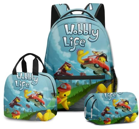 Axolotl Boys Wobbly Life Backpack Kids Wobbly Life Backpack Lunch Box Pencil Case 3Pcs Set Casual Daypacks - L Size/17in