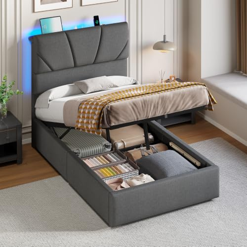 mojiasion Lit Coffre 90x190 avec Rangement et Sommier | Relevage Hydraulique, Tête de Lit Rembourrée, Chargeur USB et LED
