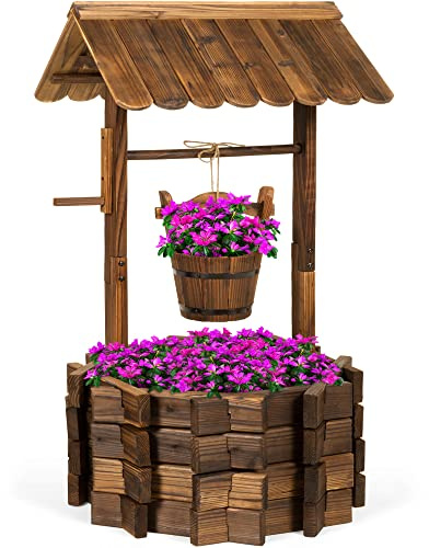 Best Choice Products Rustic Wooden Wishing Well Planter Outdoor Home Décor for Patio, Garden, Yard w/Hanging Bucket