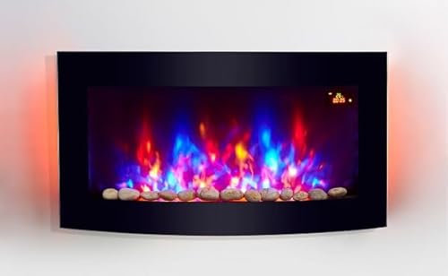 2025 TruFlame 89.2cm Wide Black Curved Glass Wall Mounted Arched Glass Electric Fire with Pebble Effect and GLOW Side LEDs