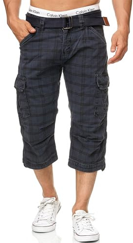 Indicode Herren Nicolas Check 3/4 Cargo-Shorts inkl. Gürtel | Herrenshorts aus Baumwolle Navy Check, S
