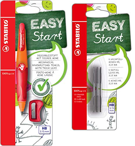 STABILO Matita a pressione ergonomica per destrimani Easy 3.15 in arancione/rosso – penna singola – inclusa 1 mina spessa – durezza HB & temperamatite + mine per ricarica – Confezione da 6 – Grado