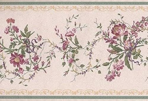 CONCORD WALLCOVERINGS ™ Wallpaper Border Floral Pattern Flowers Leaves for Living Room Bedroom Bathroom, Cream Green Pink, 15 ft by 6 in 31616170