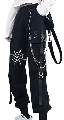 DINGJIUYAN Halloween Pant Gothic Streetwear Women's Cargo Pants with Chain Punk Techwear Black Oversize Korean Fashion Wide Leg Trousers